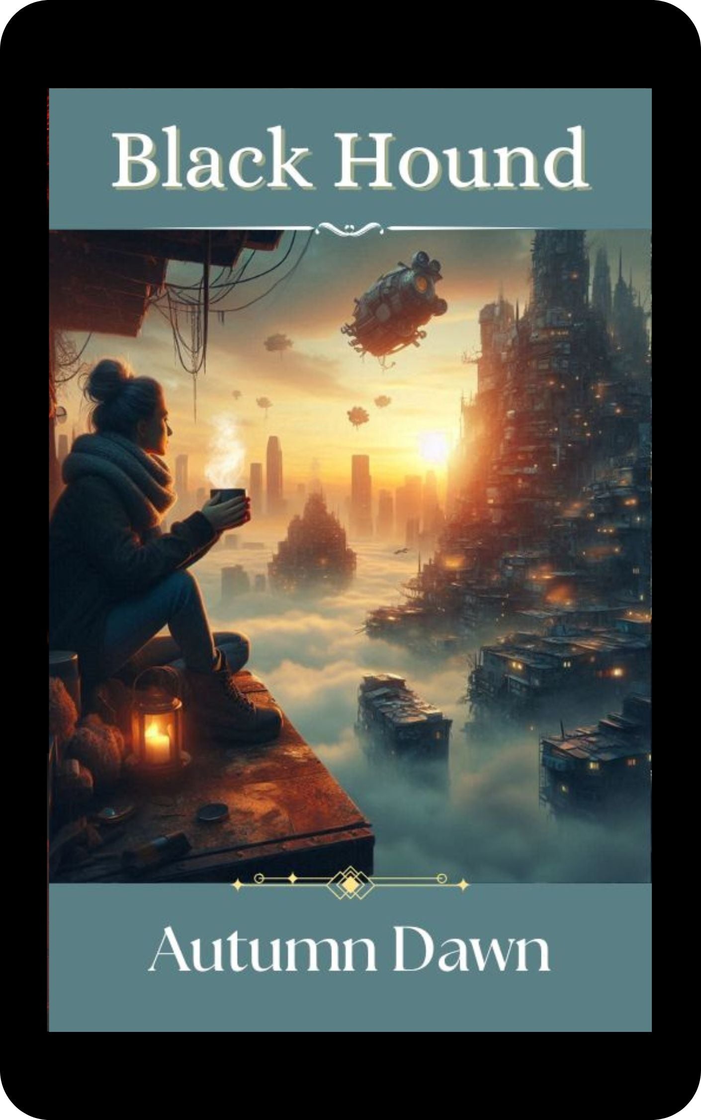 Ebook cover of Black Hound by Autumn Dawn. Futuristic city, sunrise, suggest a fun fantasy romance set after magical upheaval.