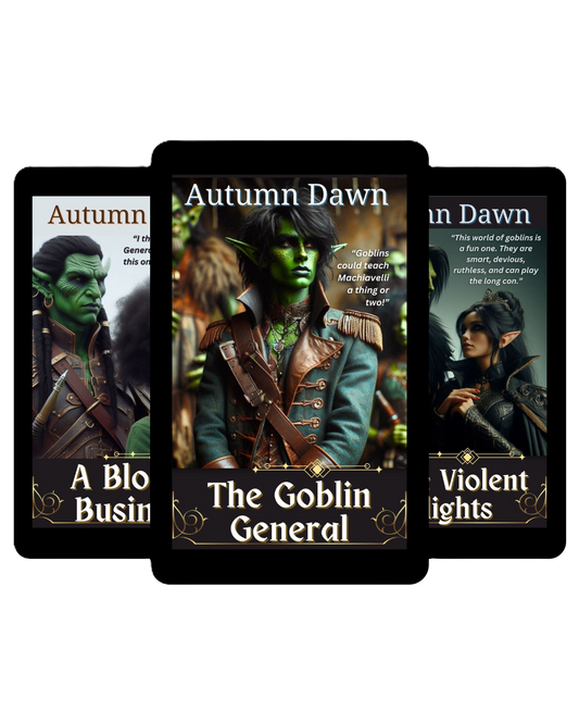Digital cover for the Goblin Ebook Bundle by Autumn Dawn. Features dark fantasy tones, urban magic, and goblin iconography—fast-paced, romantic, and sharp-edged.
