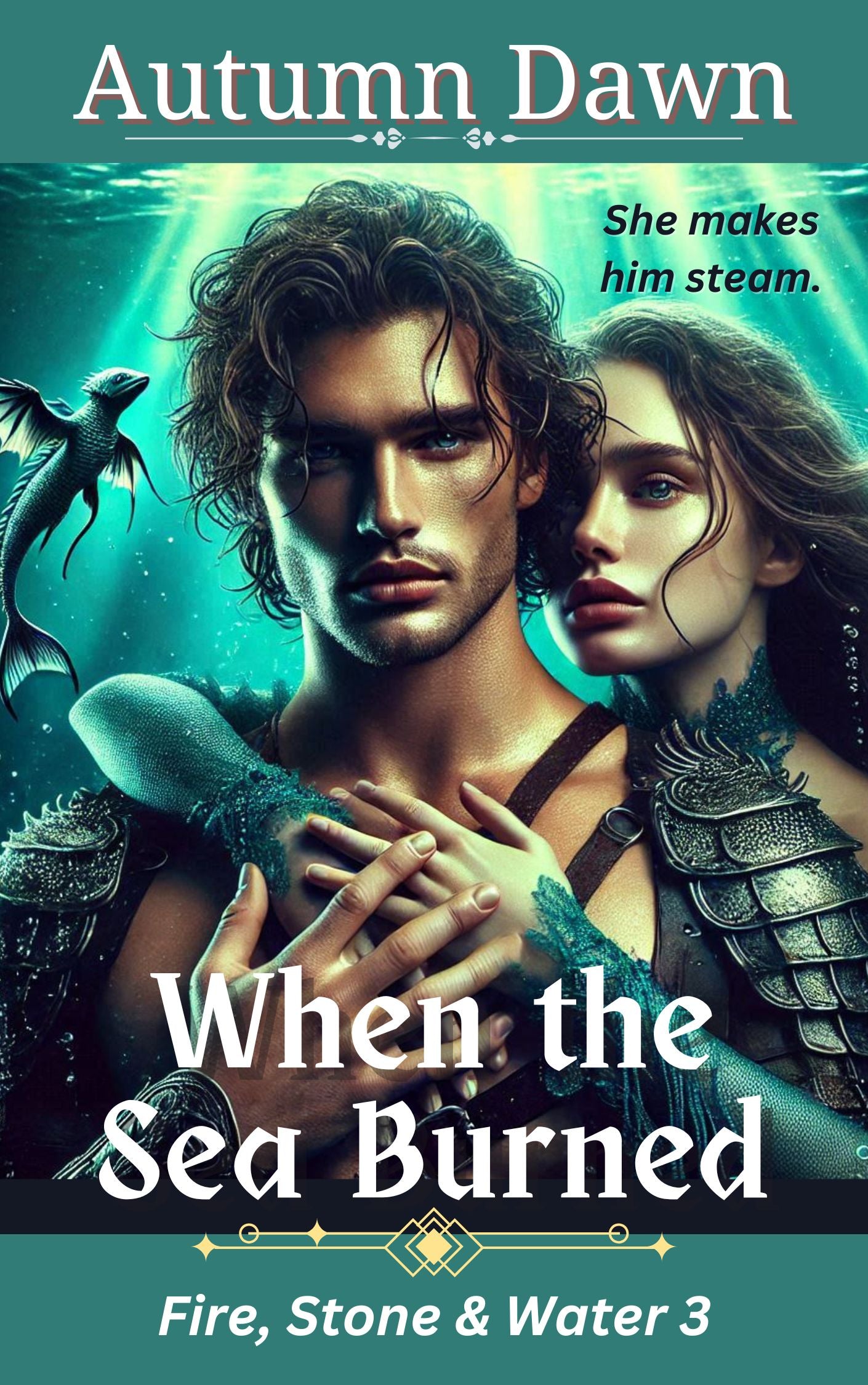 Ebook cover of “When the Sea Burned” by Autumn Dawn. A fantasy romance set in a world of elemental upheaval, rising tides, and impossible choices.