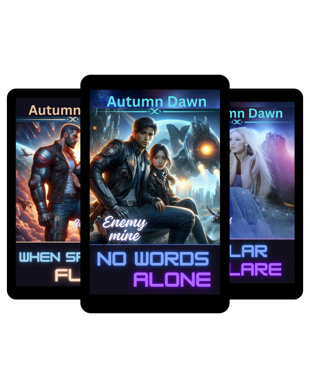 Ebook bundle cover of the “Spark Series” by Autumn Dawn. A sci-fi romance trilogy featuring reluctant heroes, secret pasts, and love in the stars.