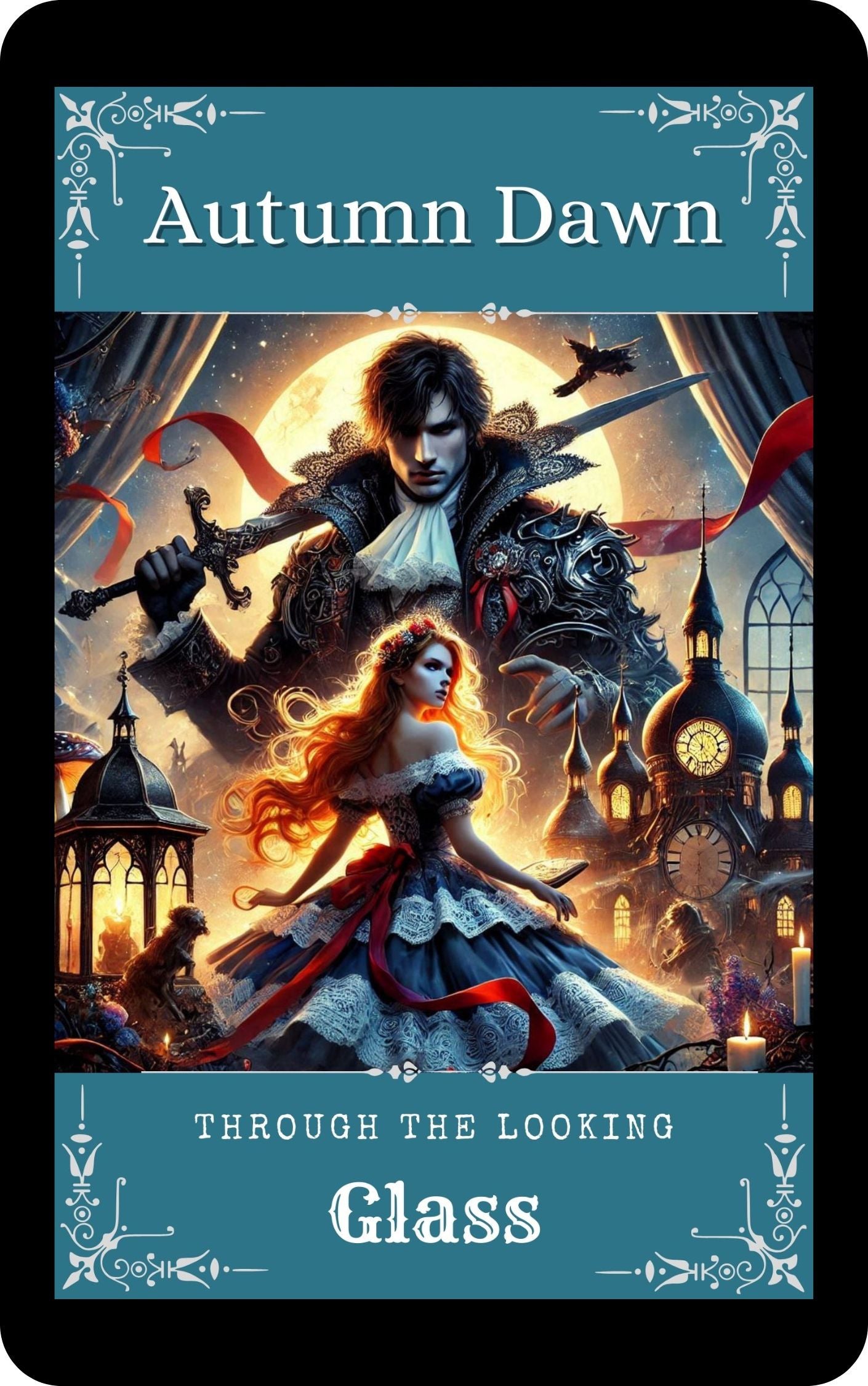 Ebook cover of Through the Looking Glass by Autumn Dawn. Features a dashing cheshire cat, a fantasy city and Alice reimagined.