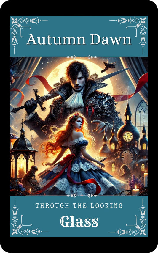 Ebook cover of Through the Looking Glass by Autumn Dawn. Features a dashing cheshire cat, a fantasy city and Alice reimagined.