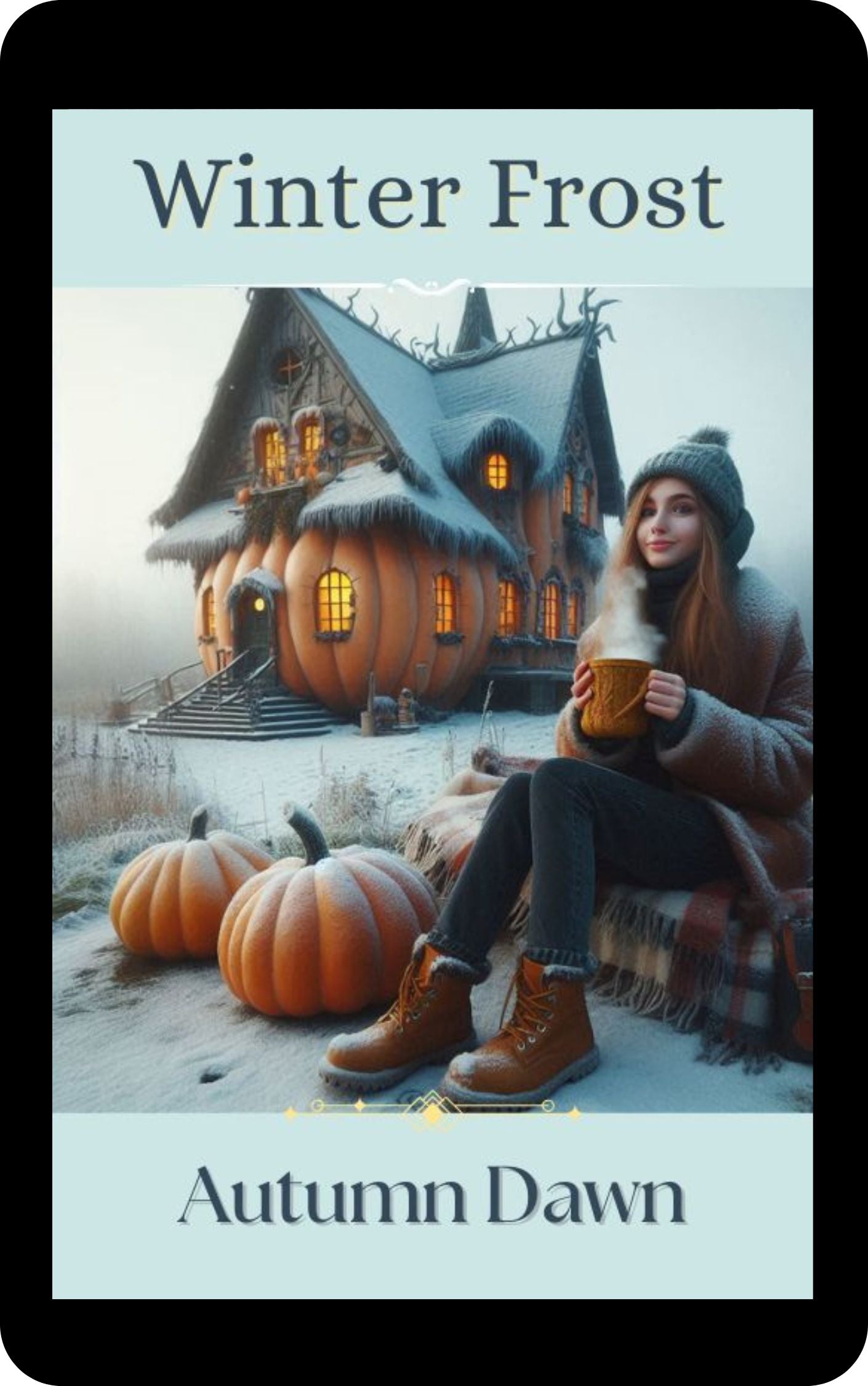Ebook cover of Winter Frost by Autumn Dawn. Features a magical pumpkin, icy tones, and a rural fantasy landscape that hints at survival and warmth.