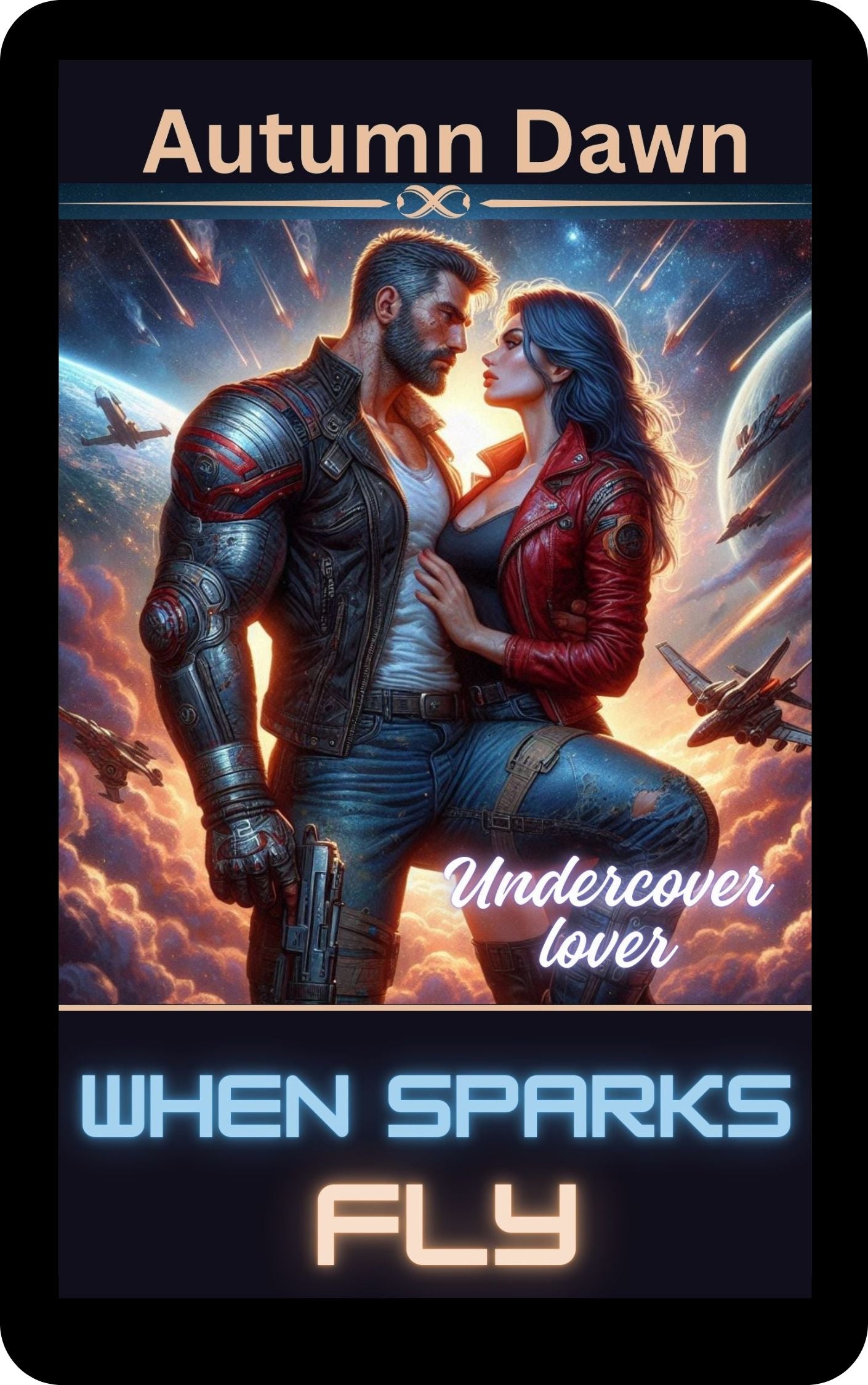 Ebook cover of “When Sparks Fly” by Autumn Dawn. A sci-fi romance set on a distant planet, where danger and desire ignite between a rogue drifter and a secretive innkeeper.