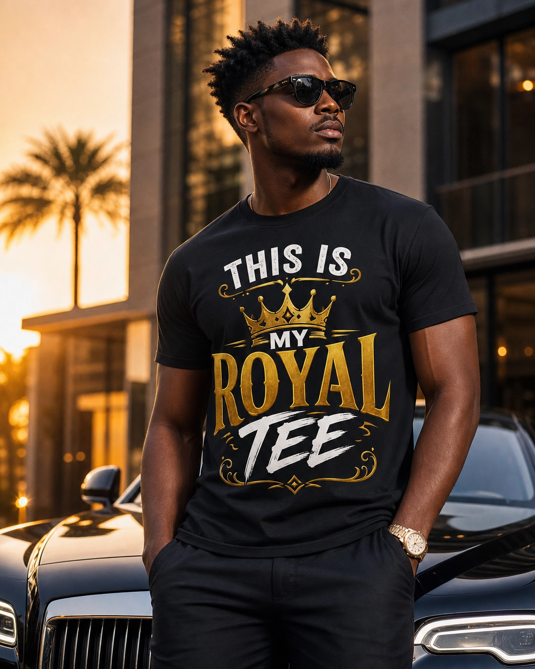 Man wearing a black t-shirt with 'This is my Royal Tee' text, standing outdoors.