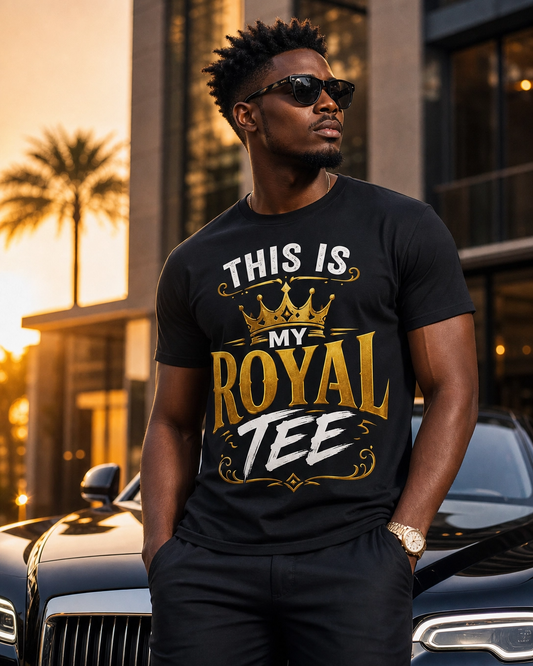 Man wearing a black t-shirt with 'This is my Royal Tee' text, standing outdoors.